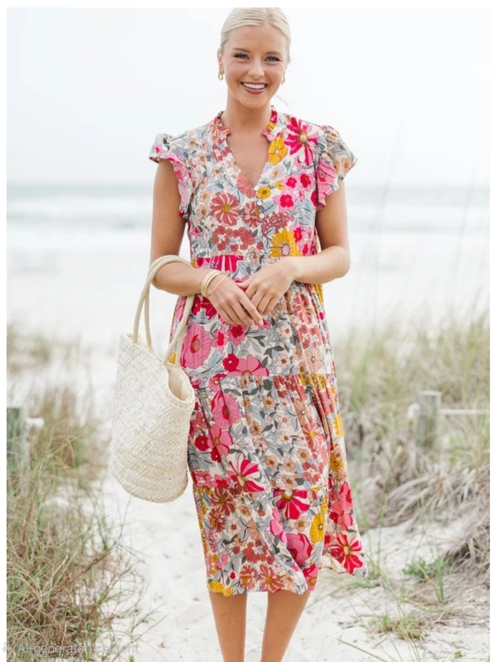 Boutique Floral V-Neck Midi Dress in Pink and Yellow Size Large